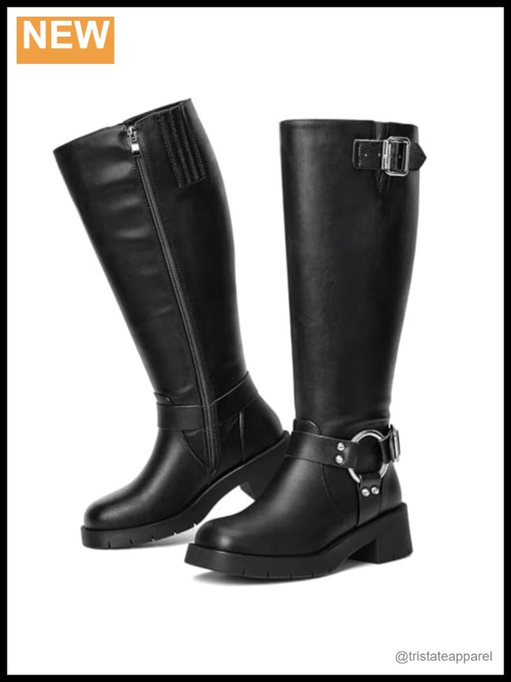 Wide Calf Knee High Boots Women Square Toe Chunky Heel Faux Leather Side Zip